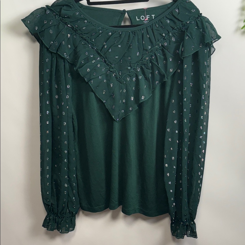 LOFT Green Ruffle Detail Women's Top